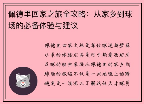 佩德里回家之旅全攻略：从家乡到球场的必备体验与建议