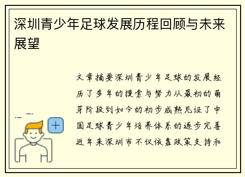 深圳青少年足球发展历程回顾与未来展望 深圳青少年足球发展历程回顾与未来展望